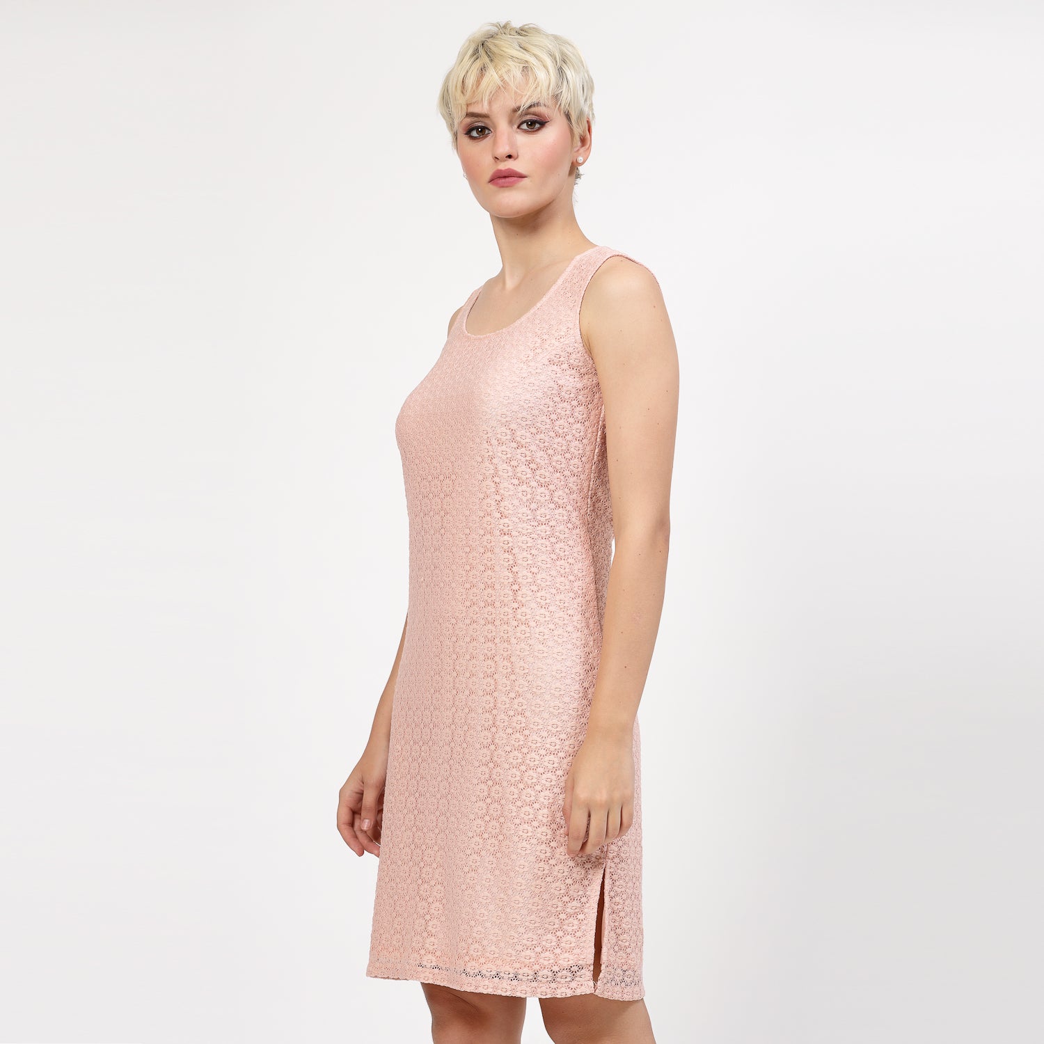 Peach Flower Net Without Sleeves Dress