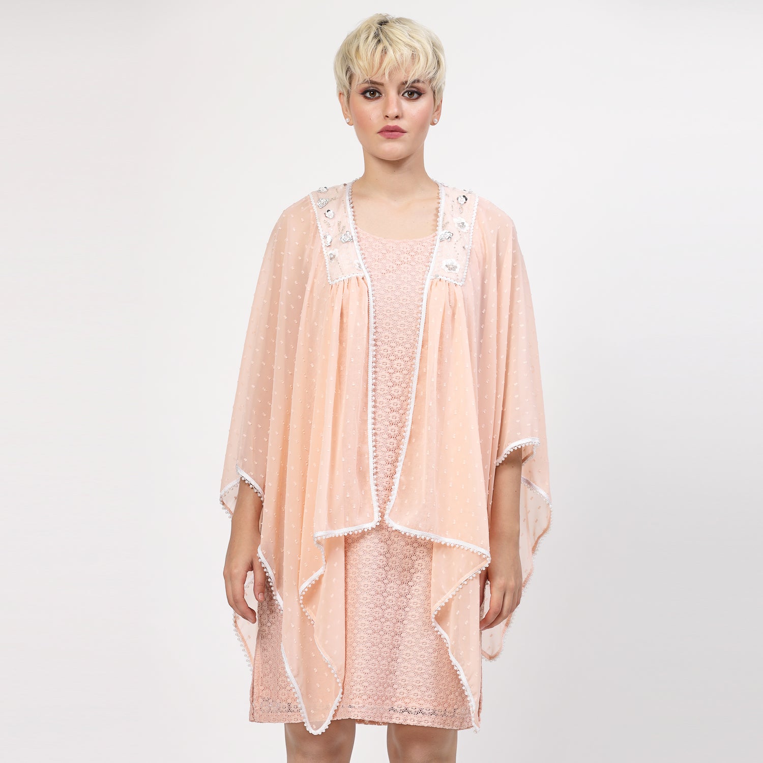 Peach Georgette Cape With Yoke Embroidery