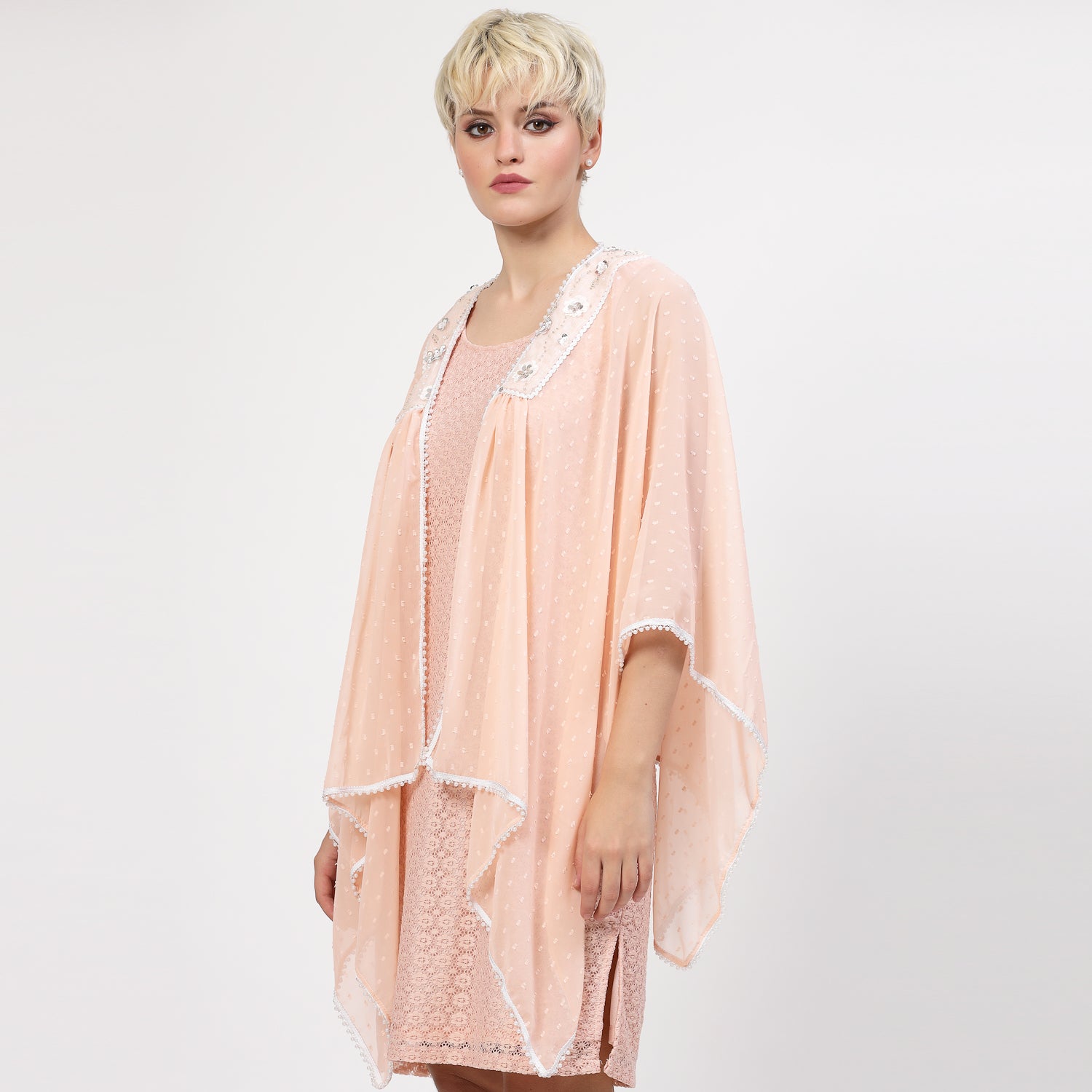 Peach Georgette Cape With Yoke Embroidery