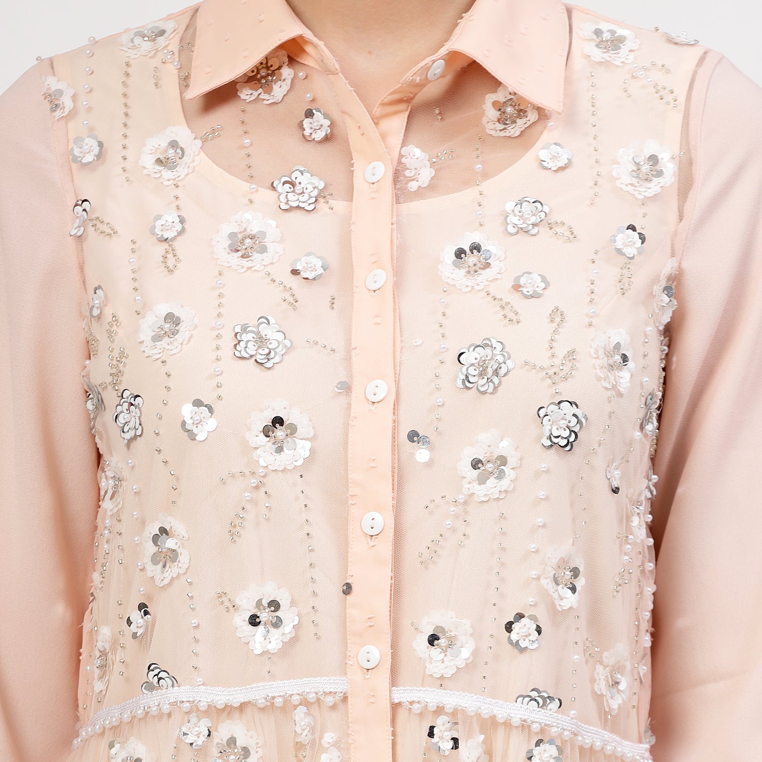 Peach Net Sequins Embroidery Tunic With Bead Lace And Inner