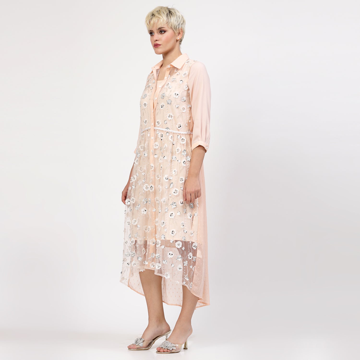 Peach Net Sequins Embroidery Tunic With Bead Lace And Inner