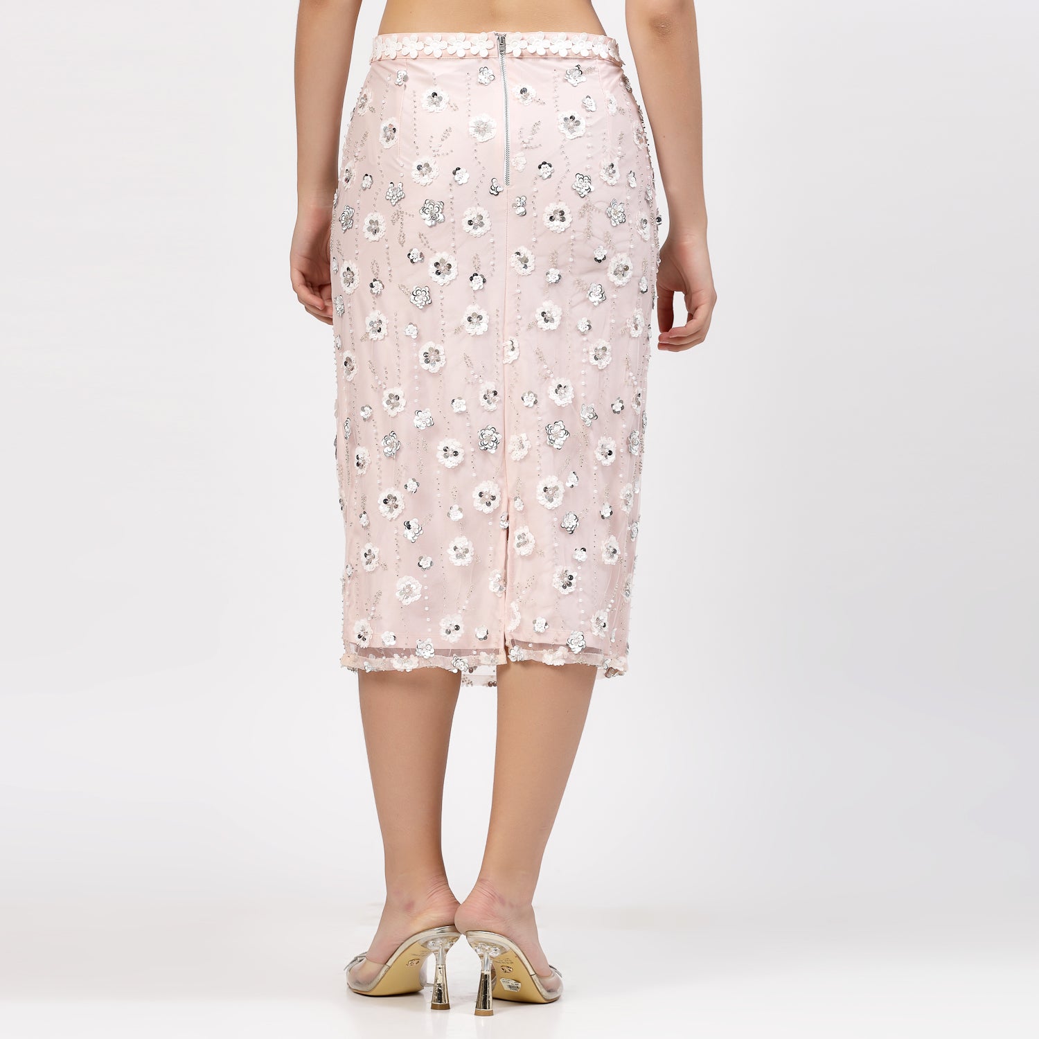 Peach Net Sequins Skirt With Flower Lace