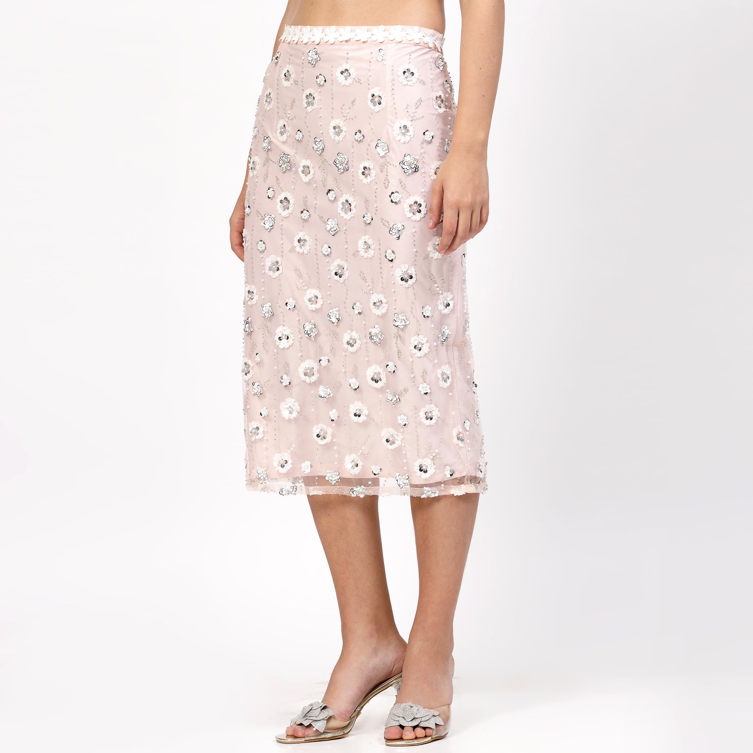 Peach Net Sequins Skirt With Flower Lace