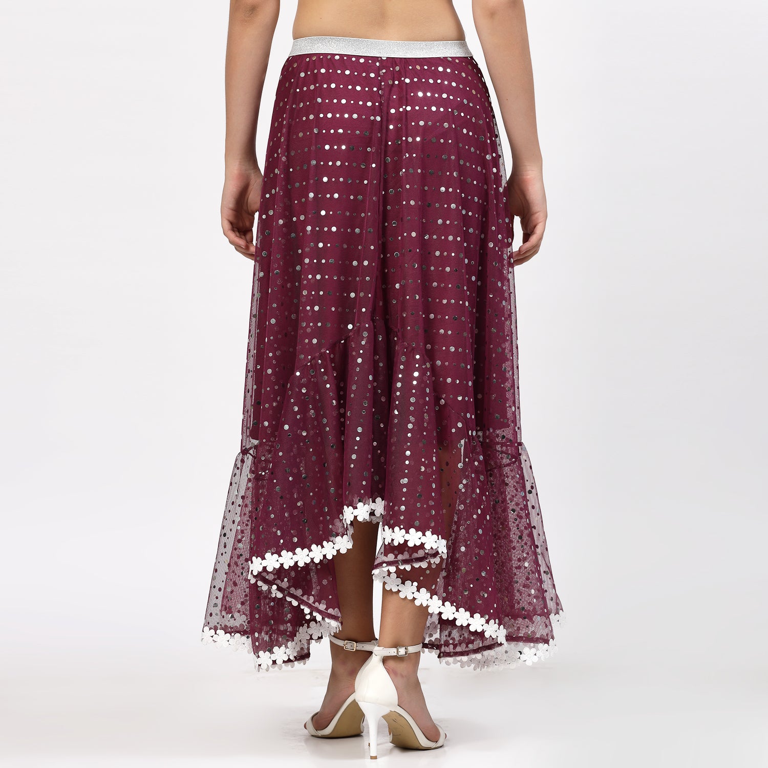 Purple Net Asymmetrical Skirt With Sequins And Lace