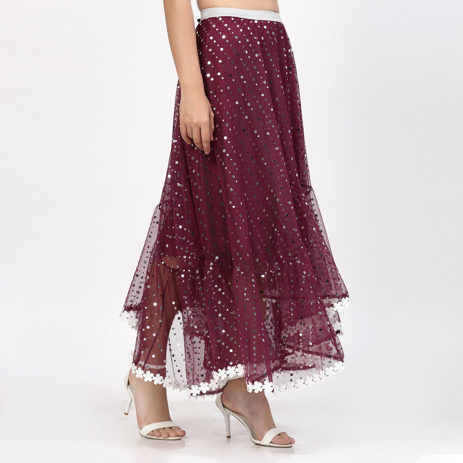 Purple Net Asymmetrical Skirt With Sequins And Lace