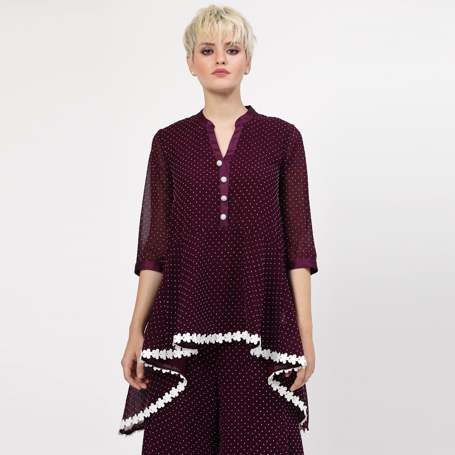Purple Georgette Asymmetrical Top with Silver Dots