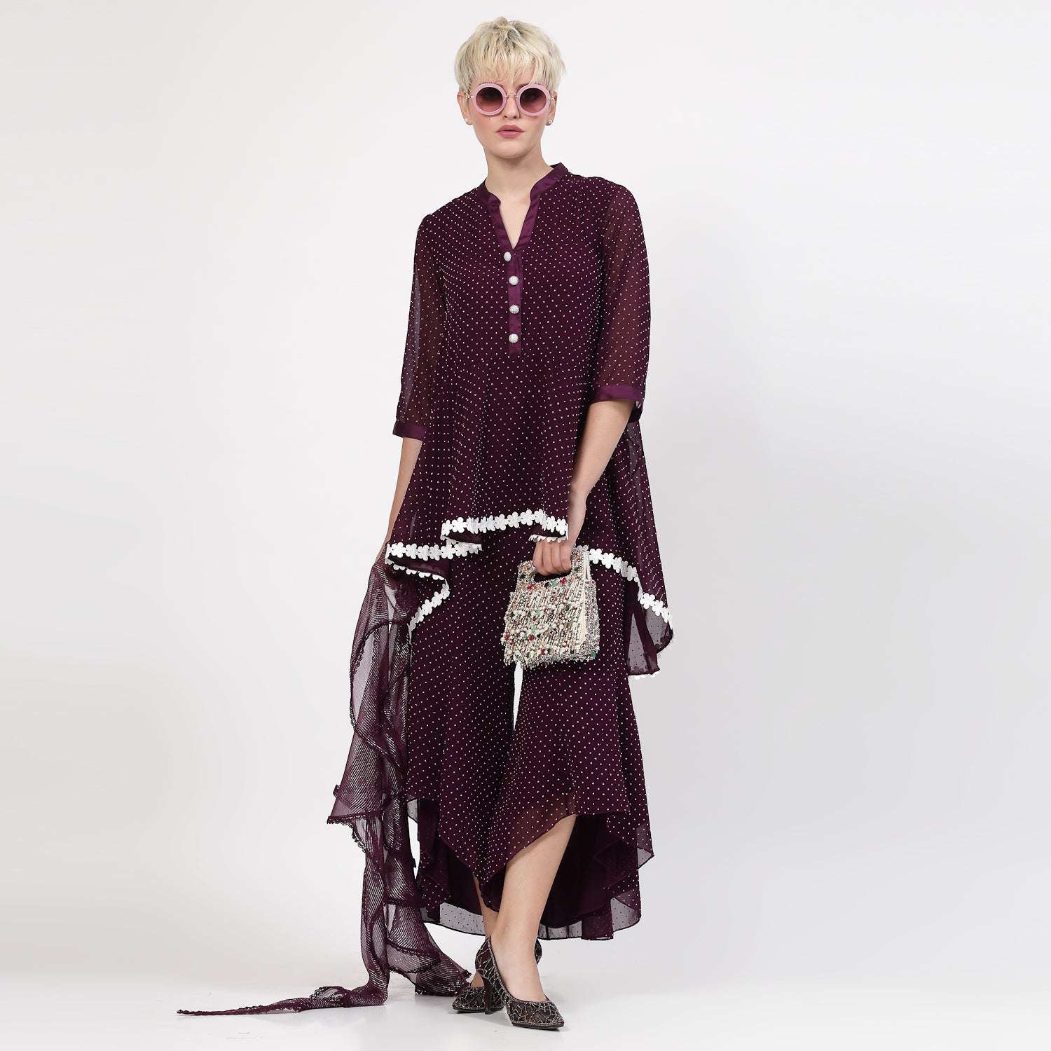 Purple Lurex Dupatta With Lace