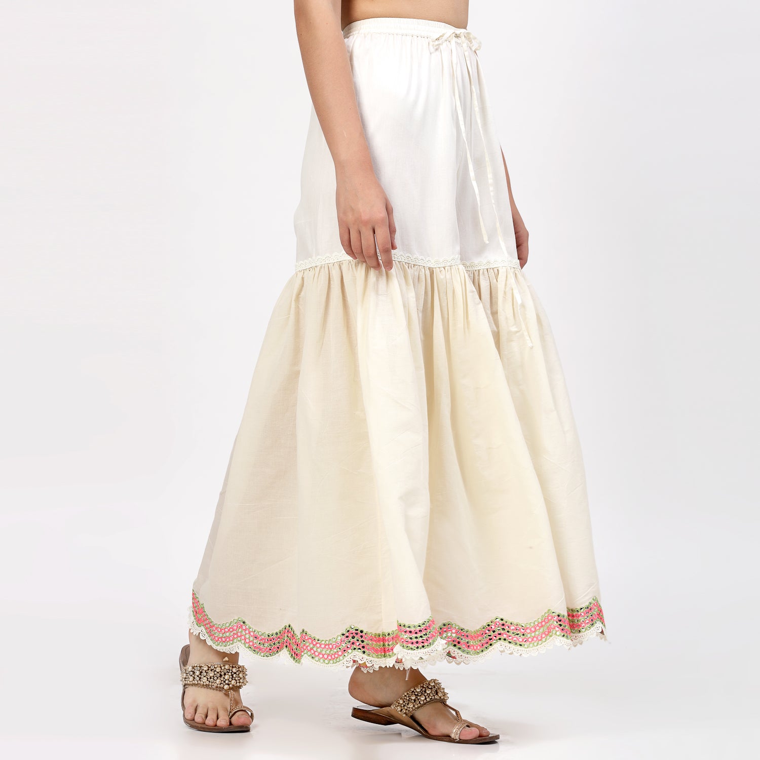 Off White Glaze Cotton Sharara With Mirror Embroidery At Hem