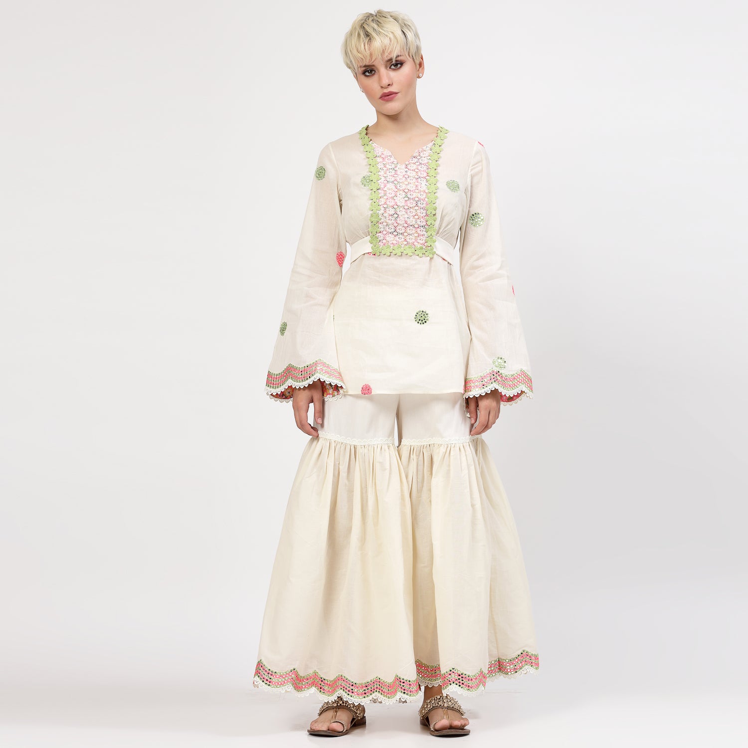 Off White Cotton Mirror Embroidery Top With Flower Net Lace At Yoke