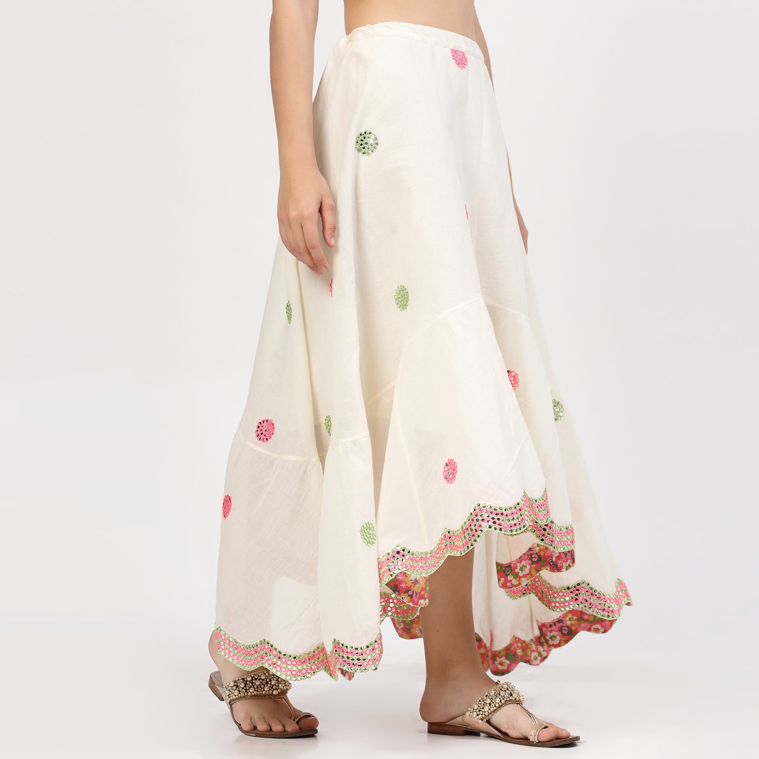 Off White Asymmetrical Skirt With Mirror Embroidery
