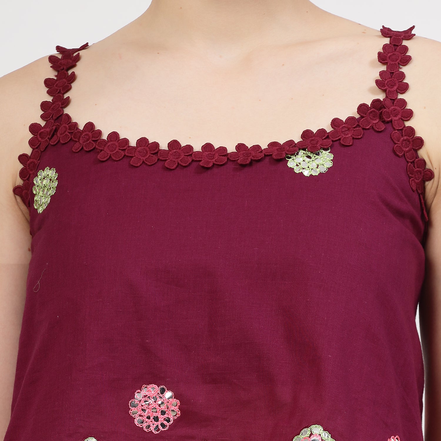Purple Cotton Crop Top With Mirror Embroidery