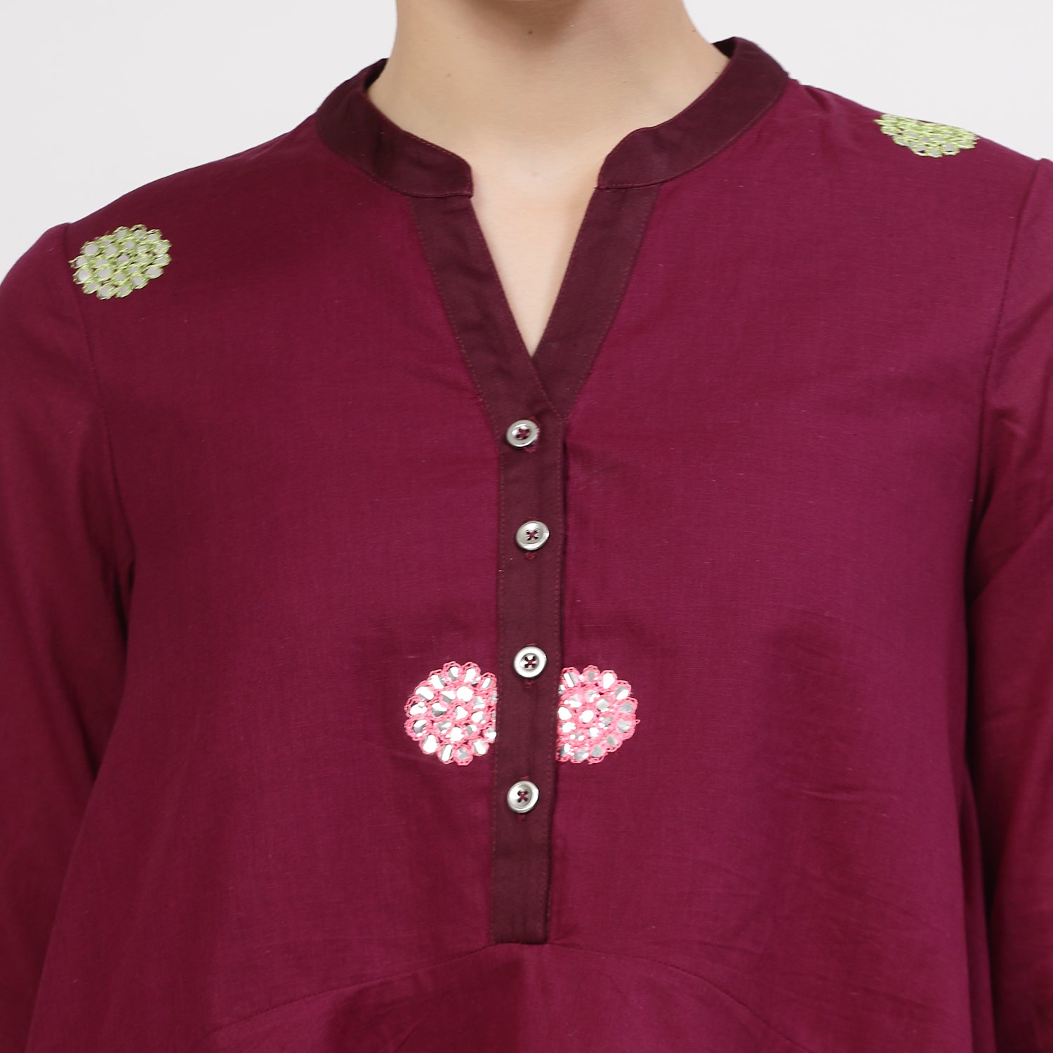 Purple Cotton Asymmetrical Top With Mirror Embroidery