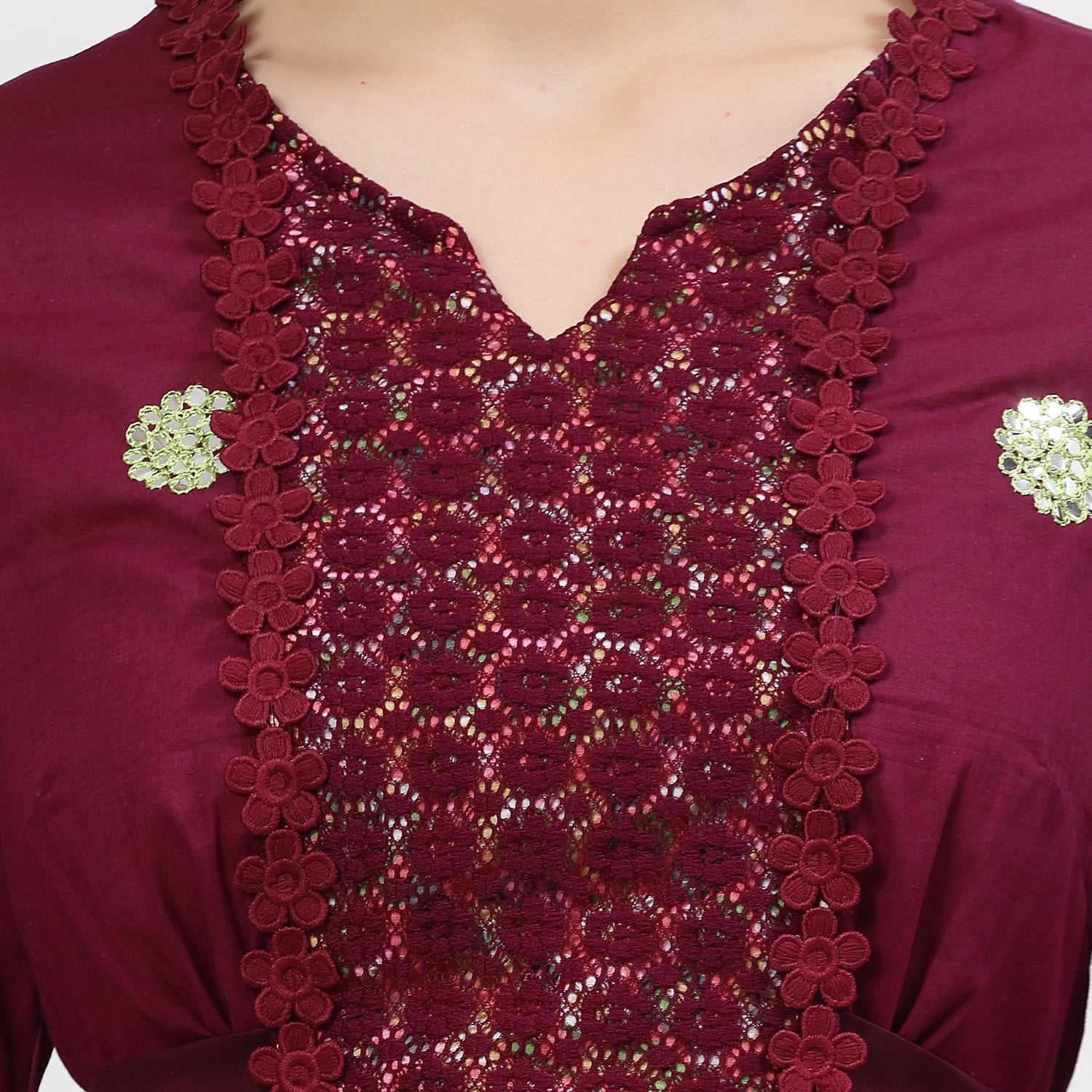 Purple Cotton Mirror Embroidery Top With Flower Net Lace At Yoke