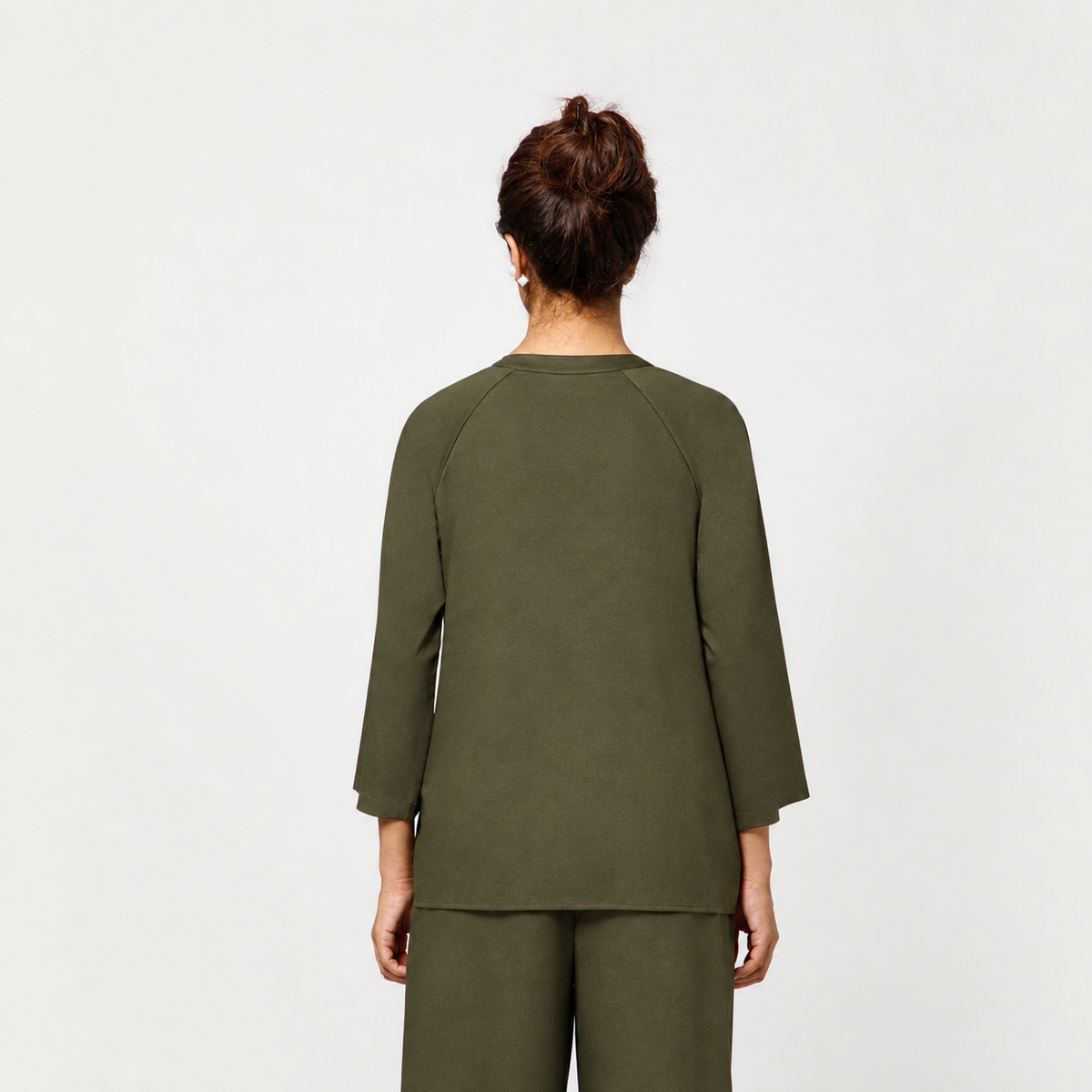 Olive Cotton Blend Top With Organza Flower Pocket Embroidery