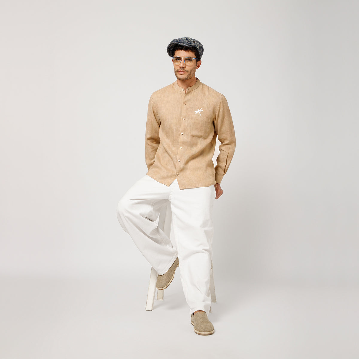 Beige Cotton Linen Shirt With Dragonfly Embroidery With Pocket Detaling