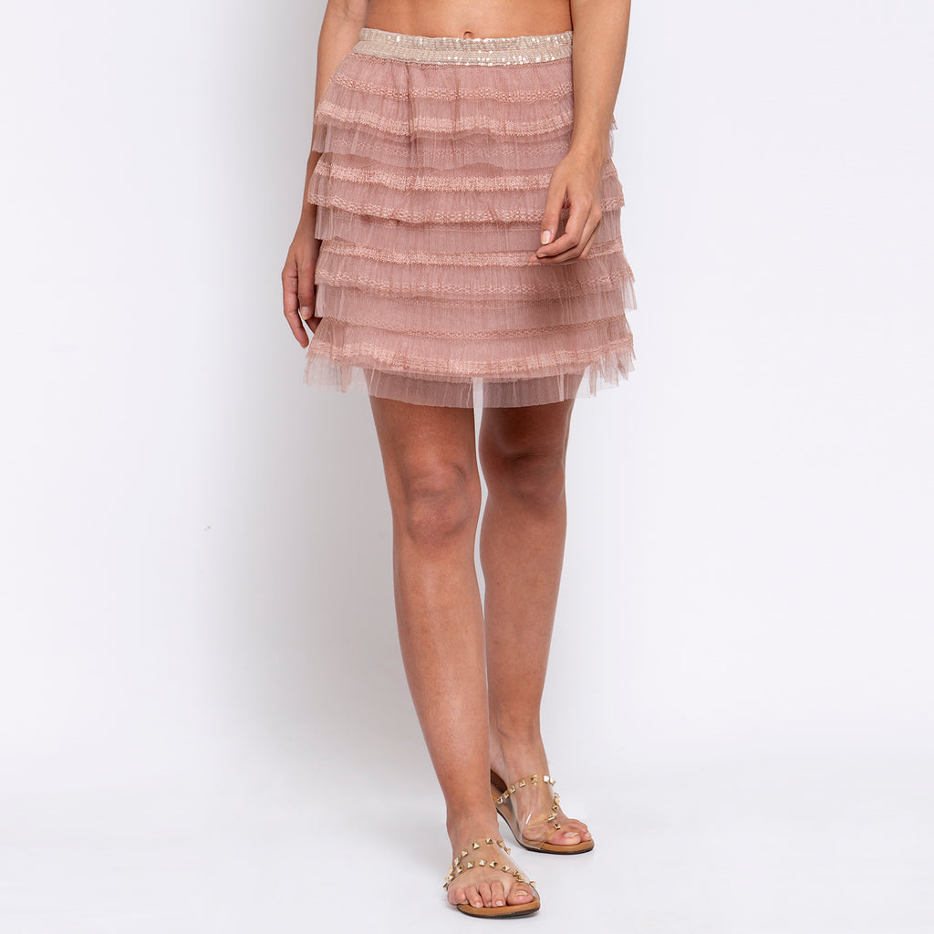 Short Pink Layered Skirt With Net Frill