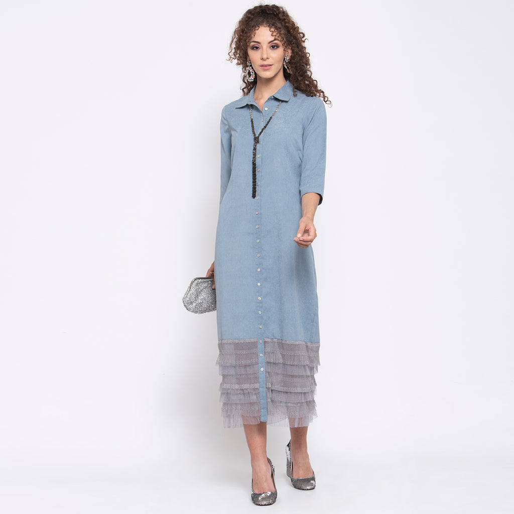 Blue Long Dress With Grey Frill At Bottom