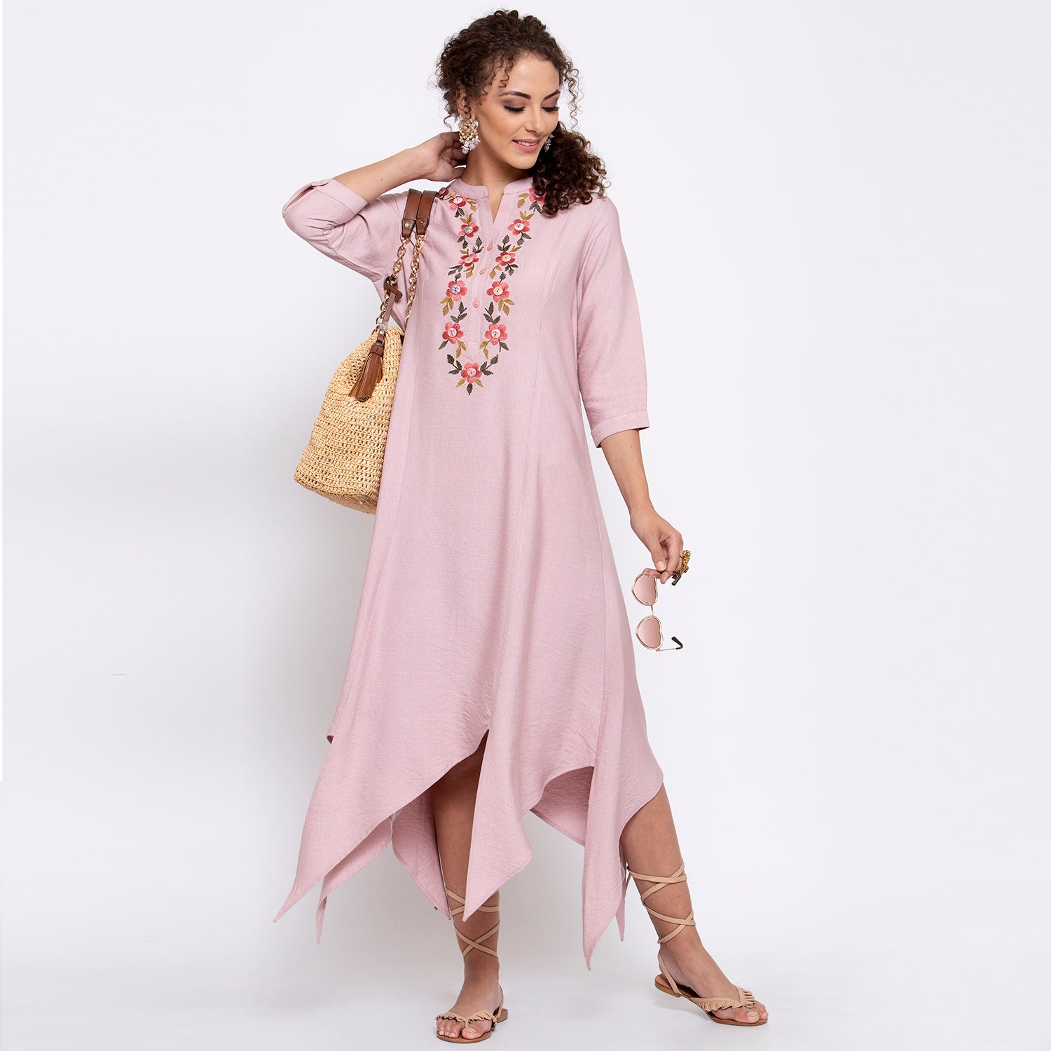 Pink Linen Triangle Dress With Buttons Embroidery