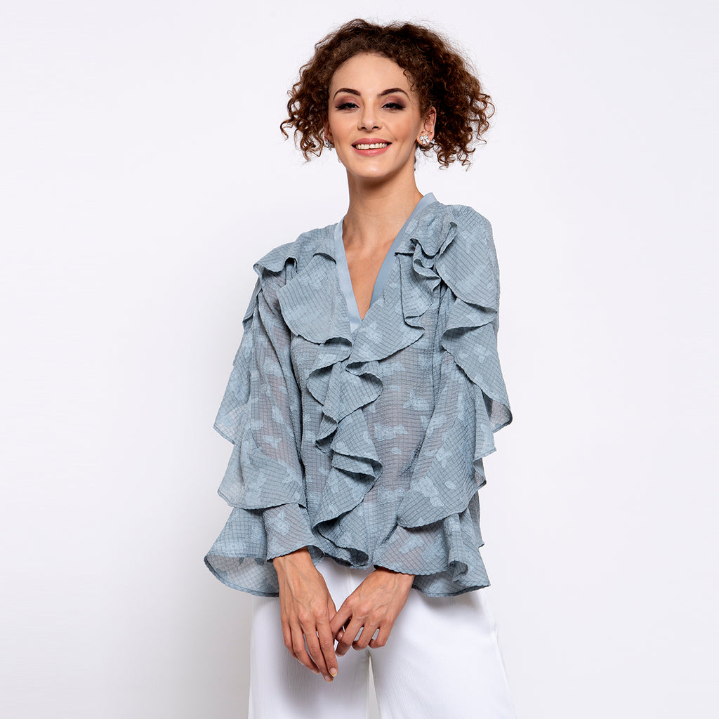 Blue Georgette Top With Frill Drape