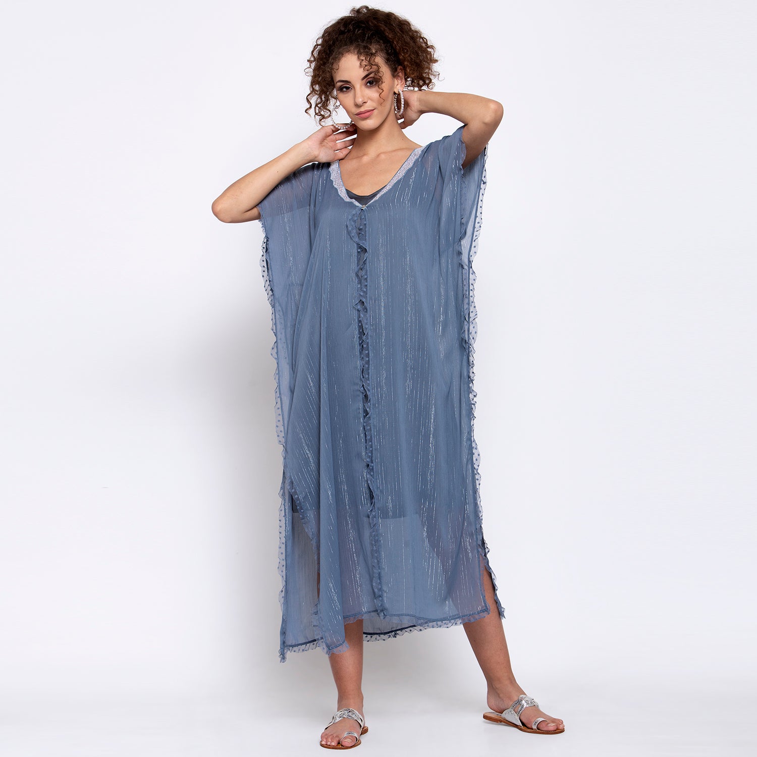 Blue Lurex Kaftan With Sequins Embroidery At Neck