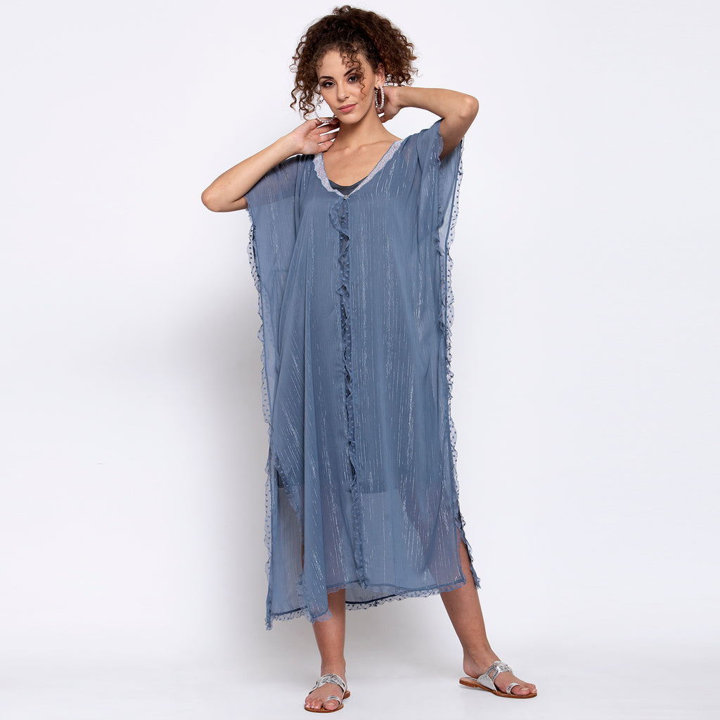 Blue Lurex Kaftan With Sequins Embroidery At Neck