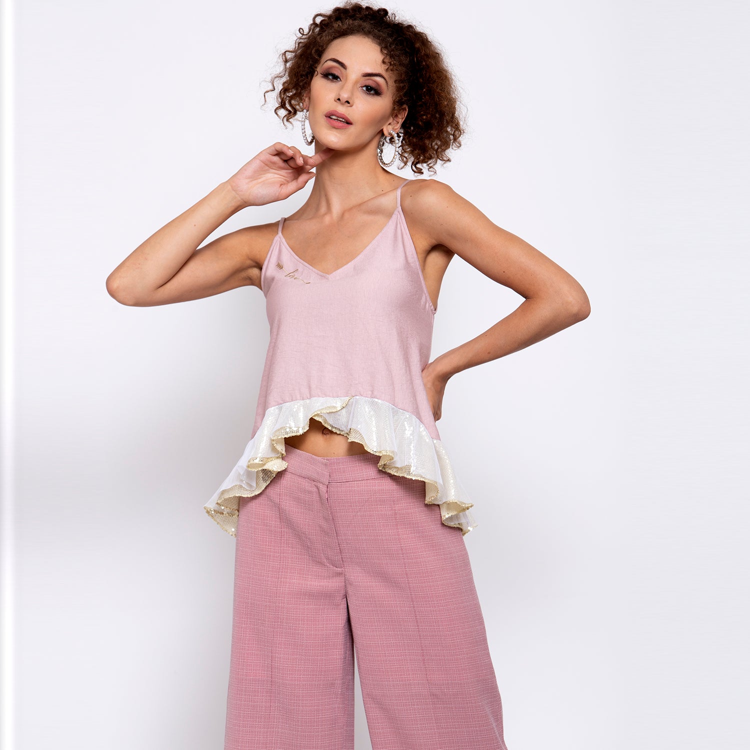 Pink Linen Top With Golden Sequins Frill & Embroidery At Neck