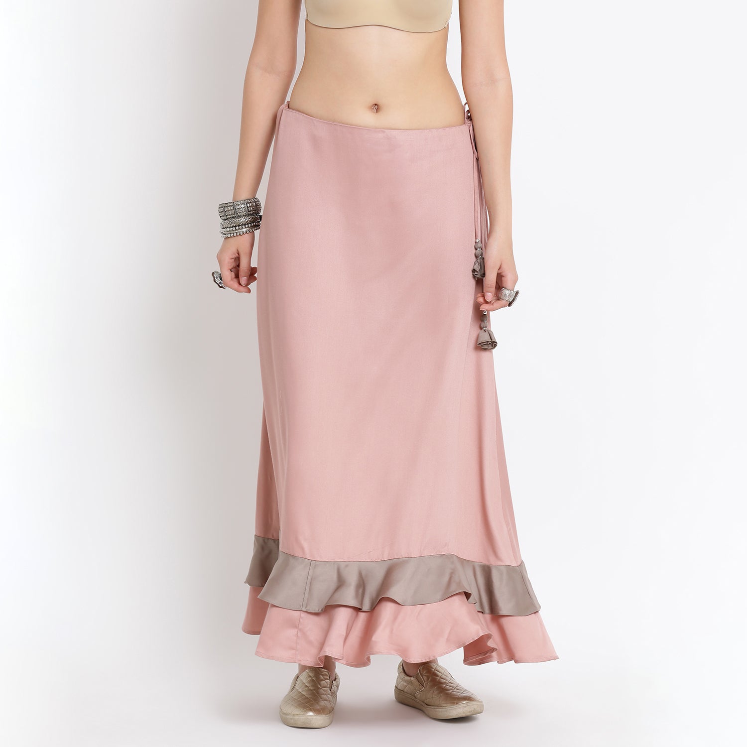 Pink long skirt with grey frill at bottom