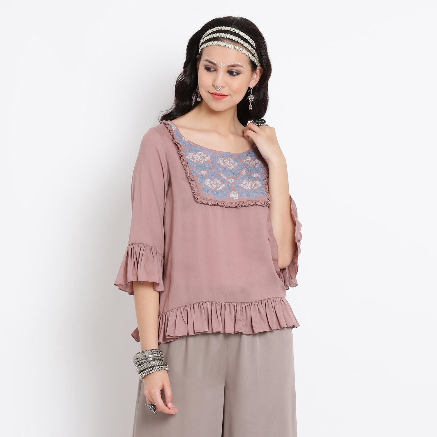Pink viscose frill top with floral thread embroidery at yoke