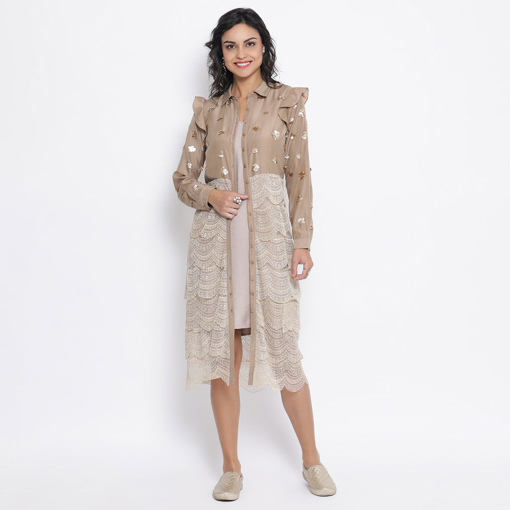 Beige lace tunic with gold sequence embroidery