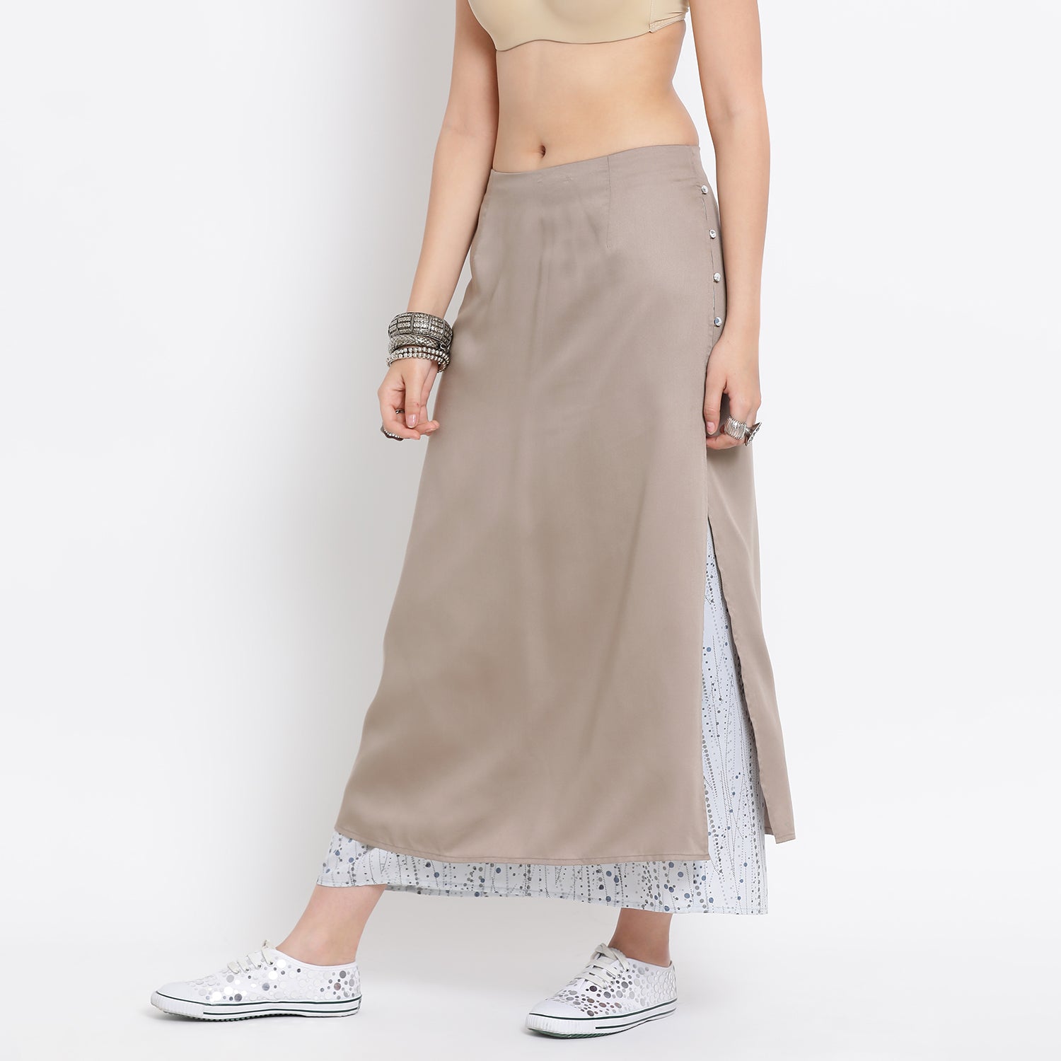 Grey printed viscose double layer long skirt