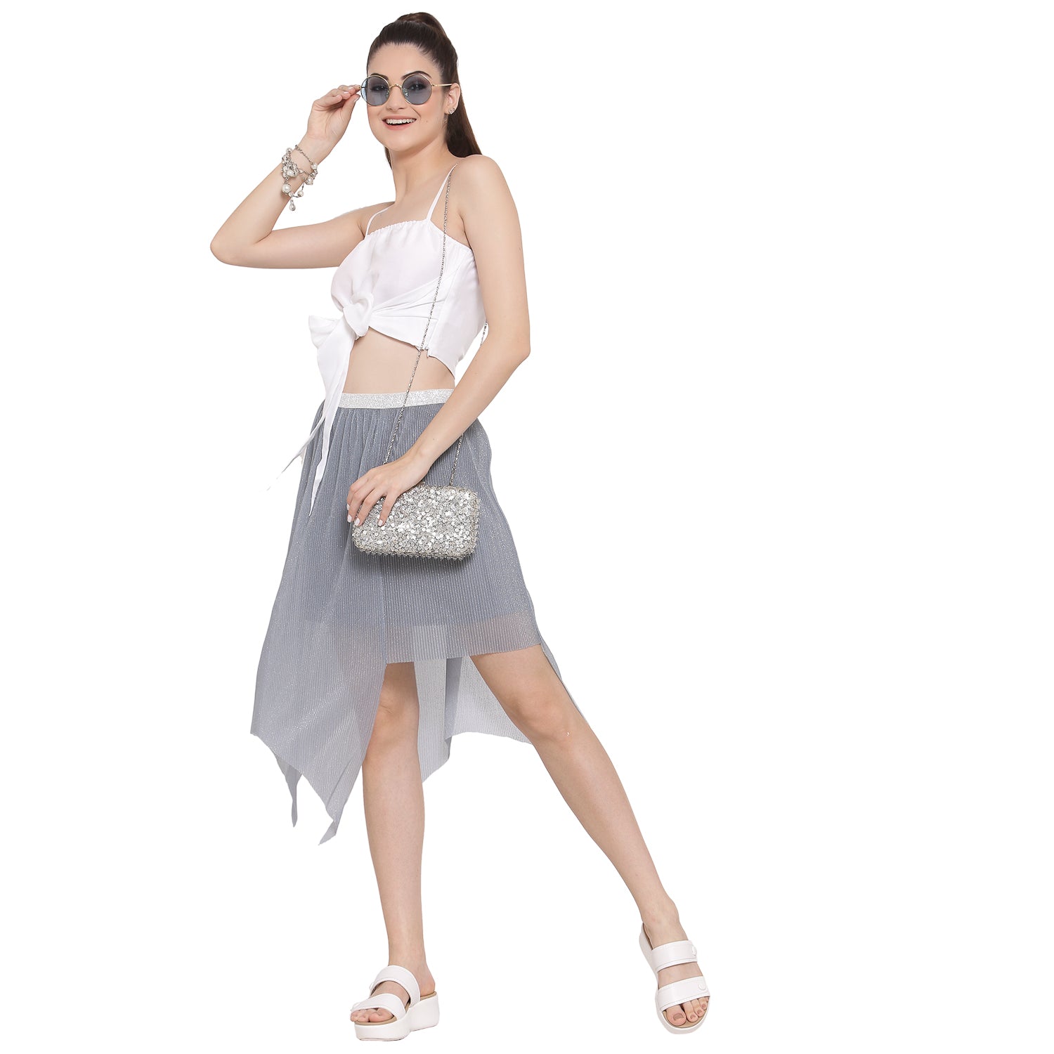 Grey Plisse Asymmetric Skirt