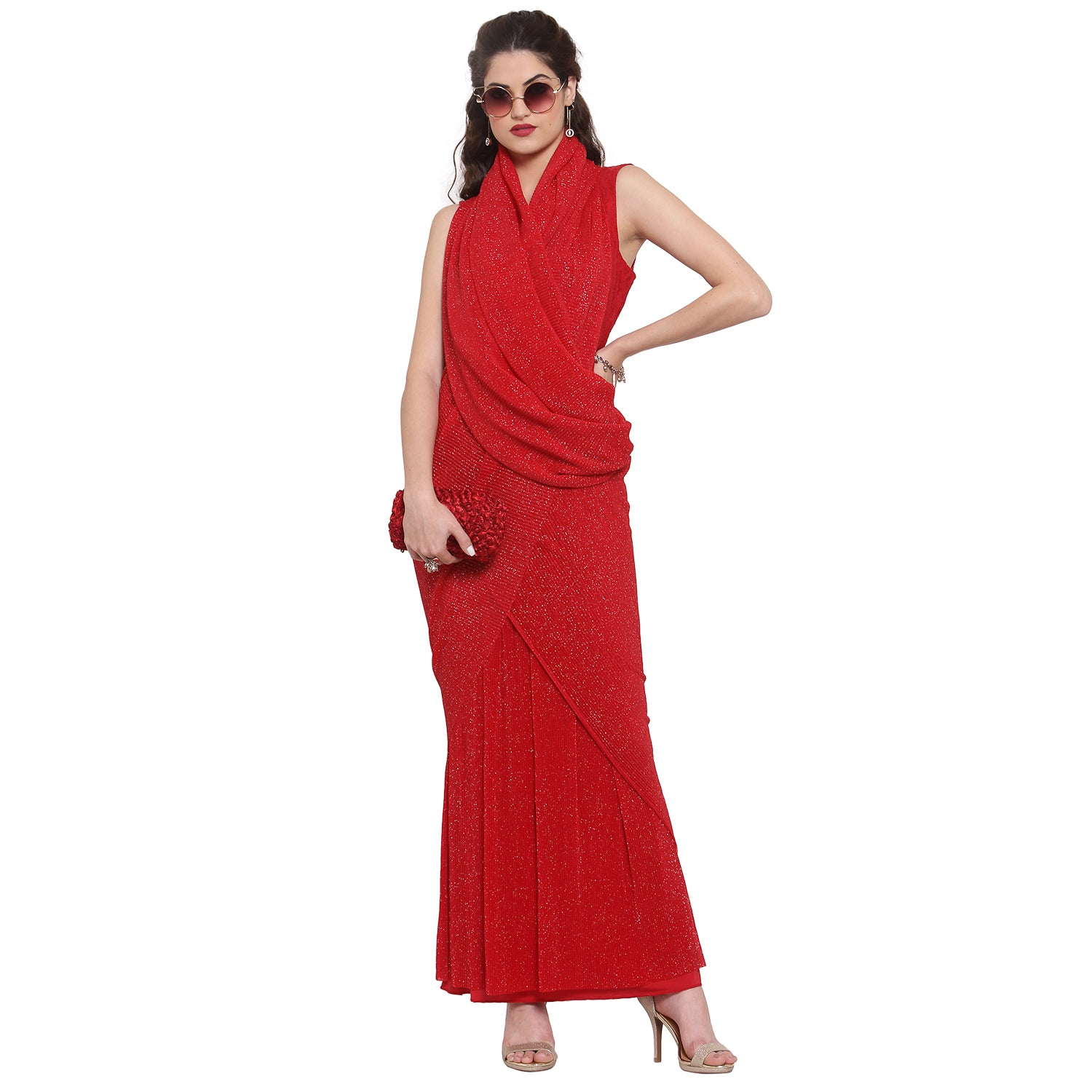 Red Drape Saree With Net And Plisse Fabric