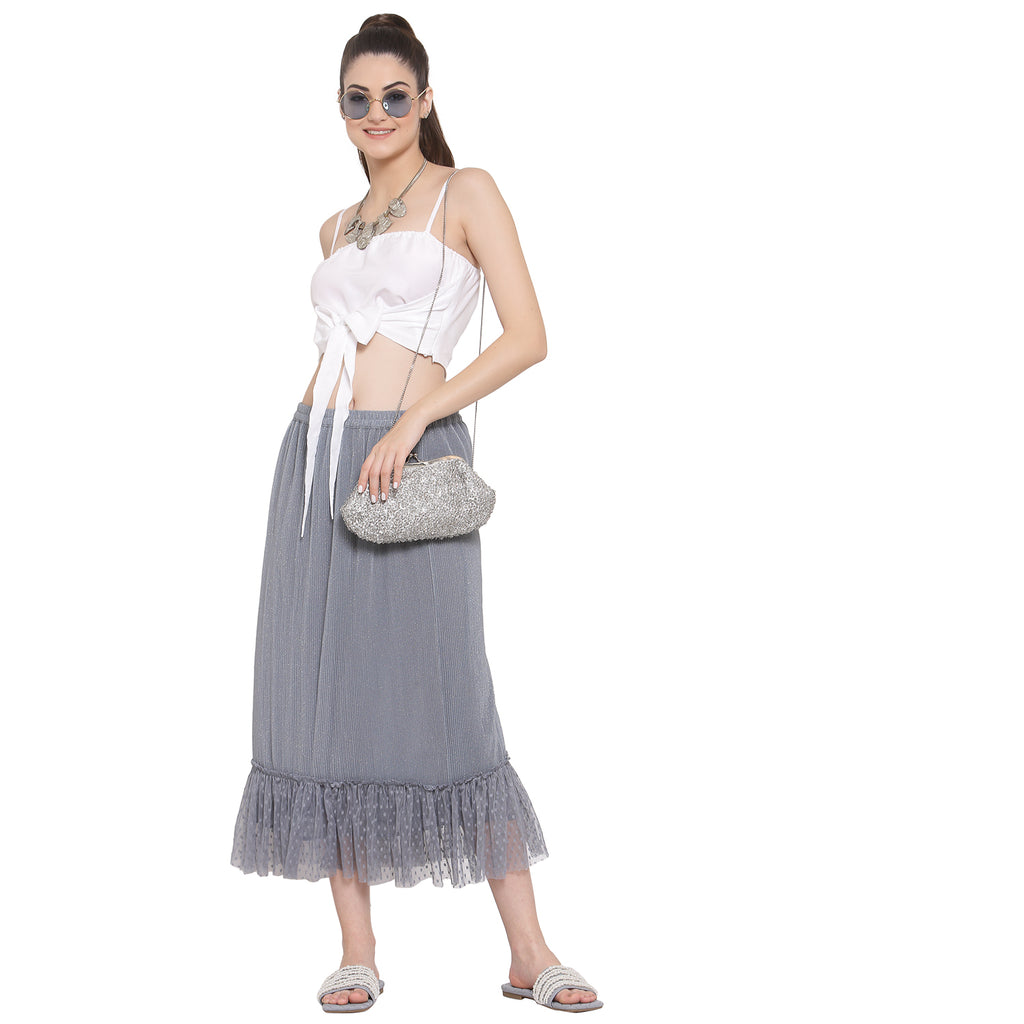 Grey Plisse Long Skirt With Frill