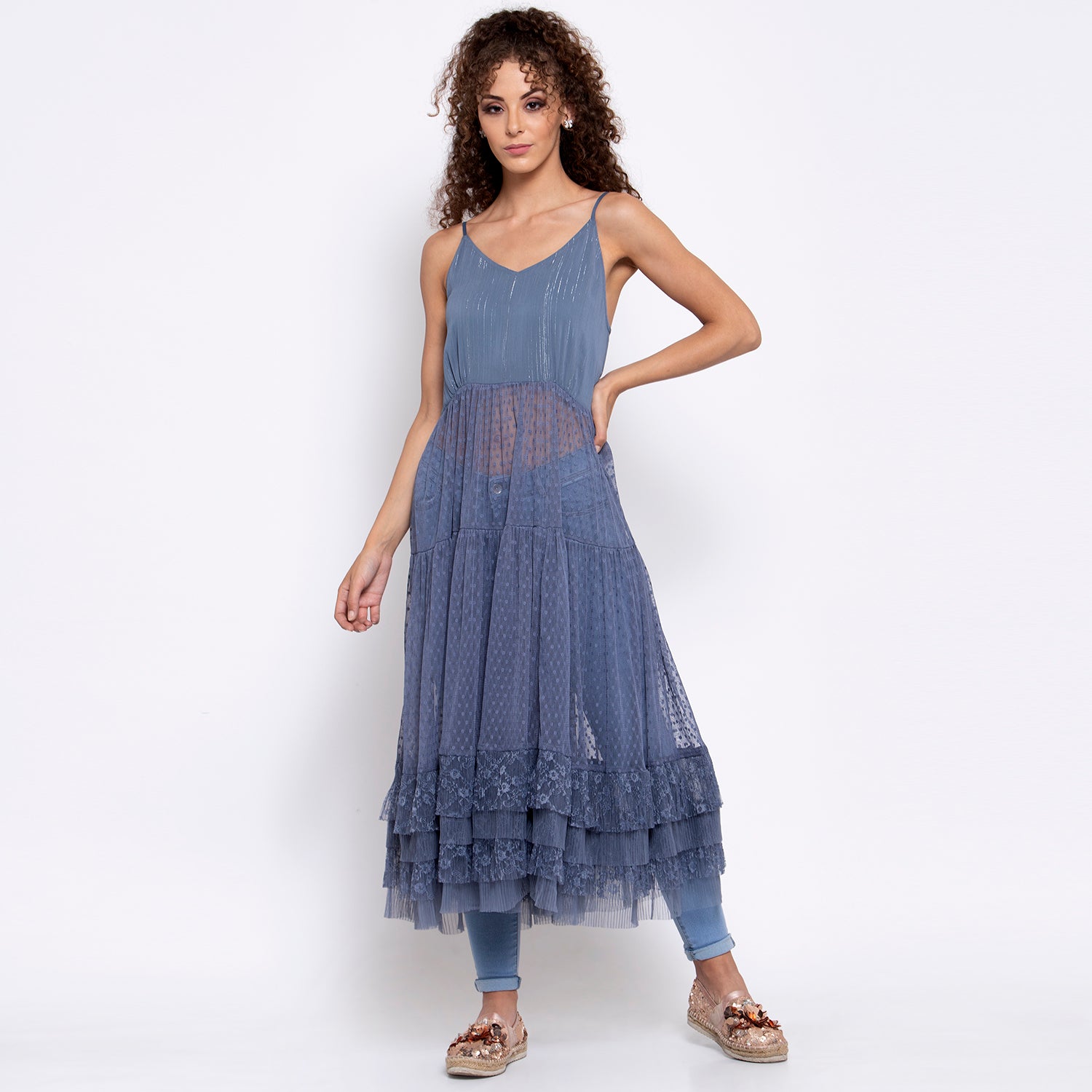 Blue Dotted Net Dress With Frill