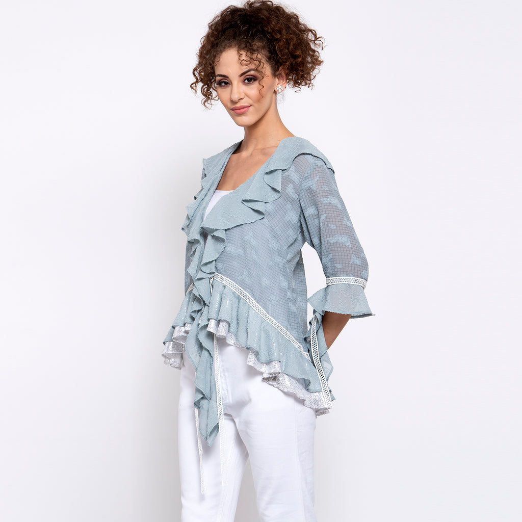 Blue Texture Georgette Frill Shrug With Lace