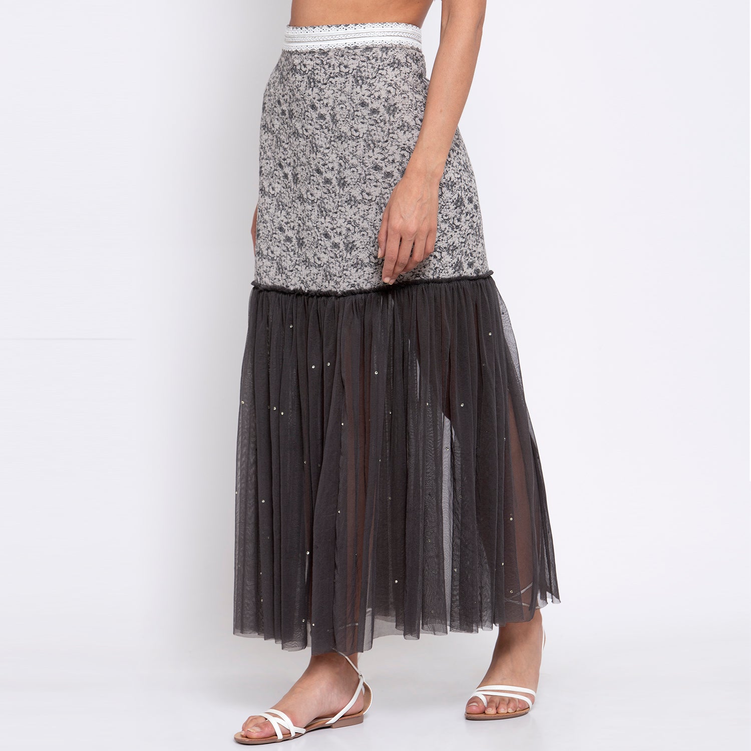 Dark Grey Printed And Net Skirt