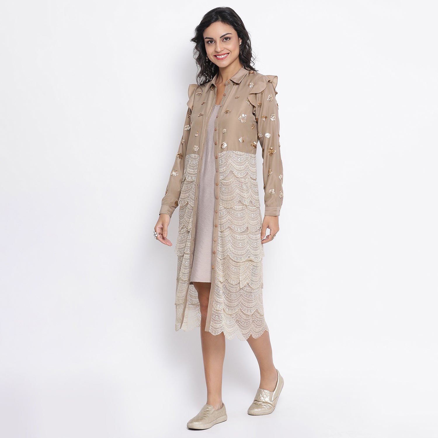 Beige Lace Tunic With Gold Sequence Embroidery