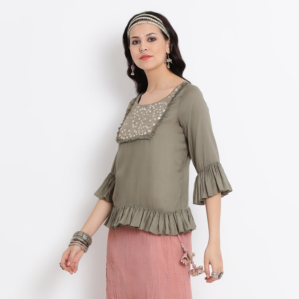 Olive viscose frill top with mirror embroidery