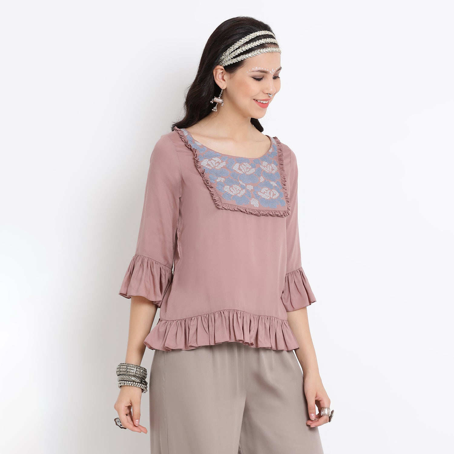 Pink viscose frill top with floral thread embroidery at yoke
