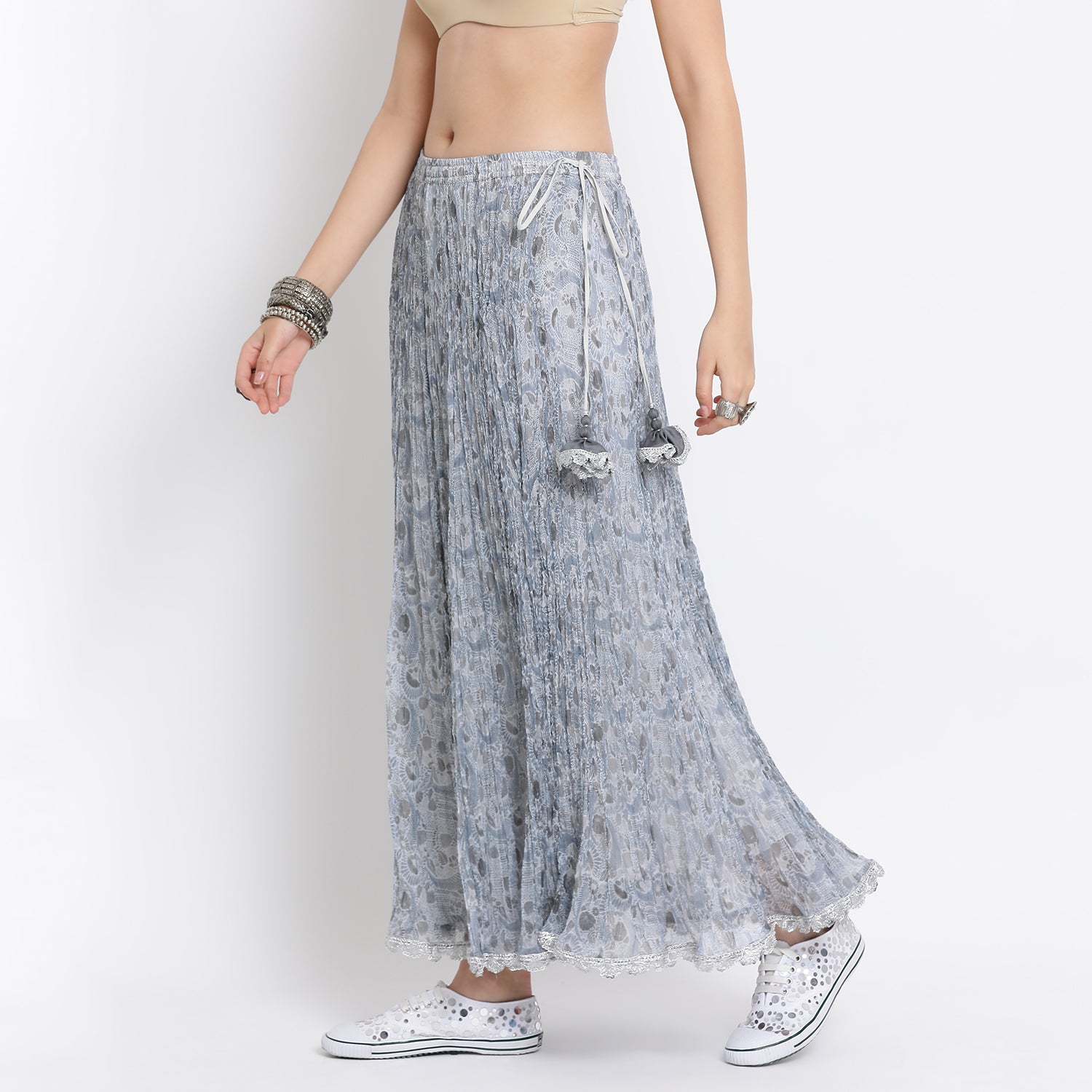 Blue flower printed chiffon crinkle skirt with lace