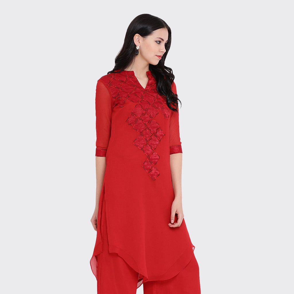 Red Georgette Asymmetrical Satin Patch Embroidery Tunic