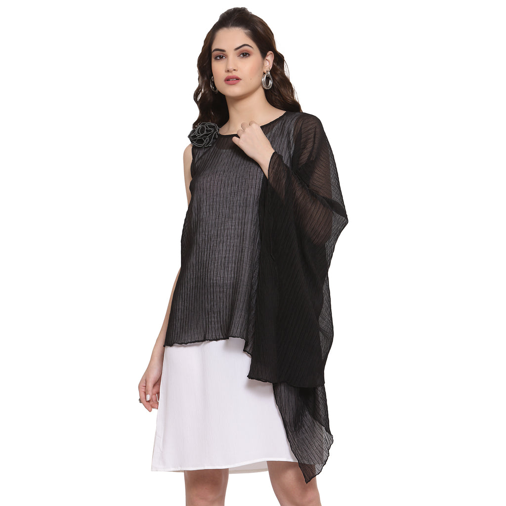 Black Chiffon Plisse Asymmetric Top