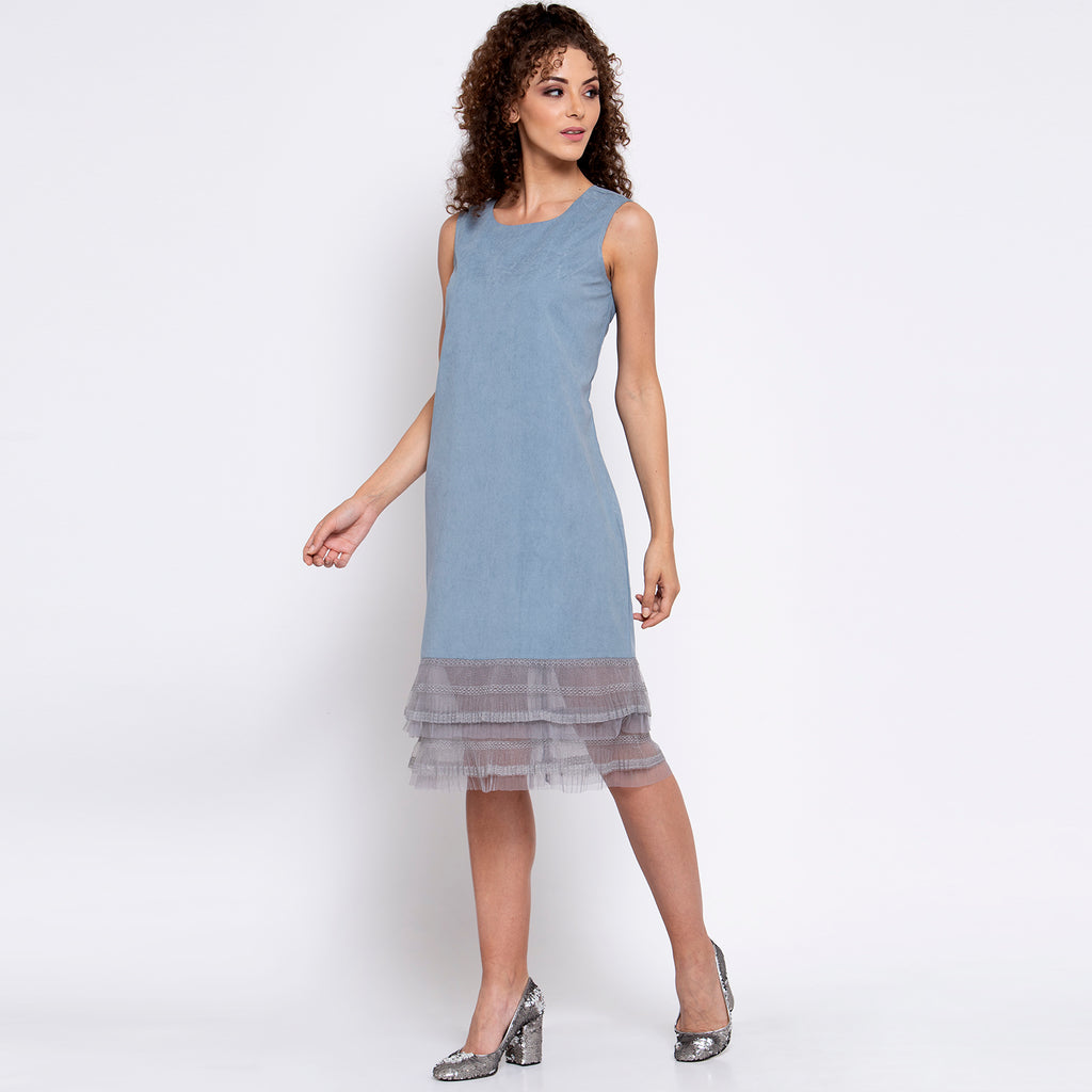 Sleeveless Blue Dress With Grey Frill At Bottom