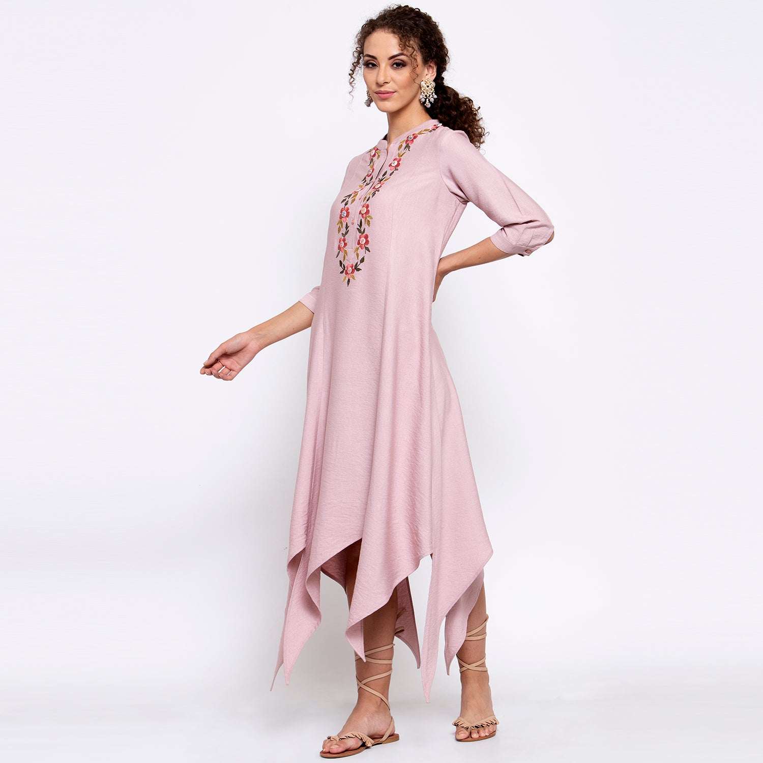 Pink Linen Triangle Dress With Buttons Embroidery
