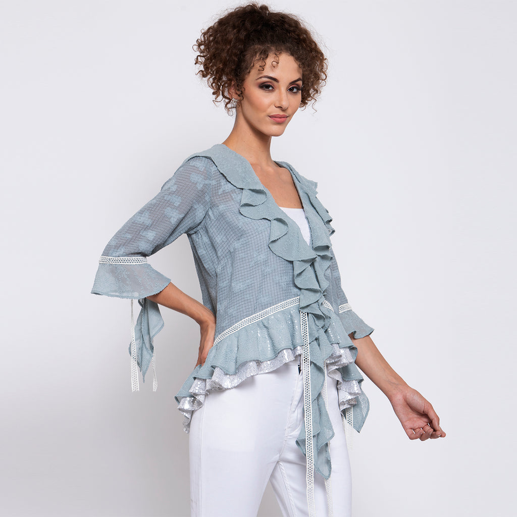 Blue Texture Georgette Frill Shrug With Lace