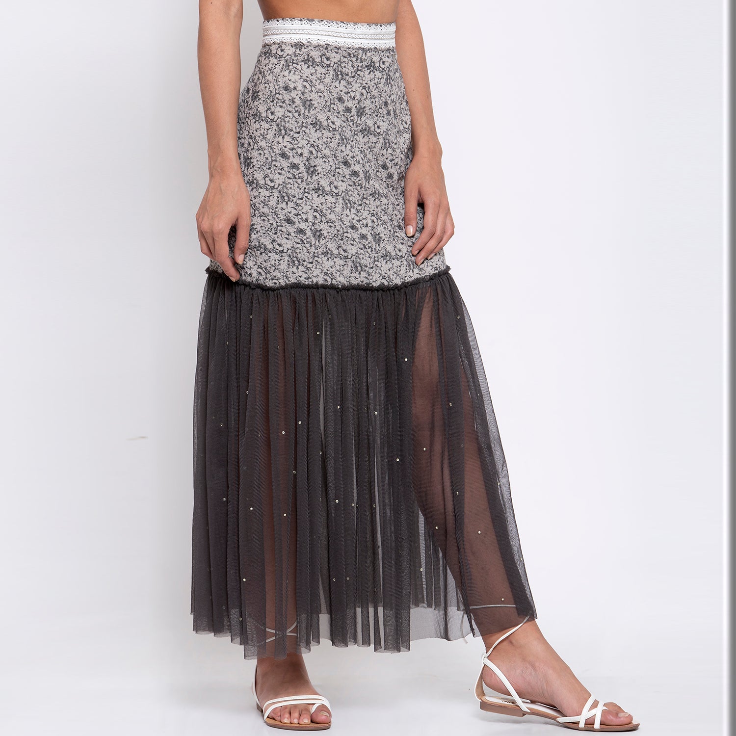Dark Grey Printed And Net Skirt