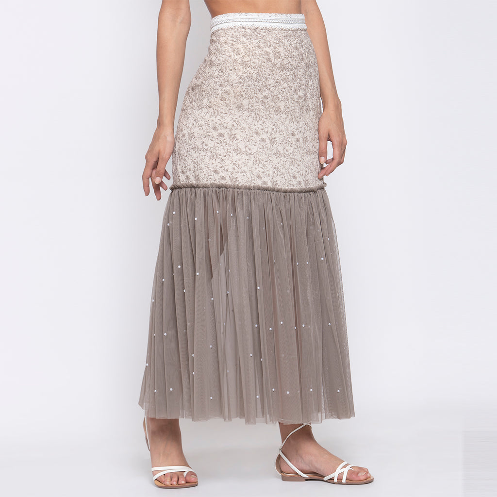 Beige Printed And Net Skirt