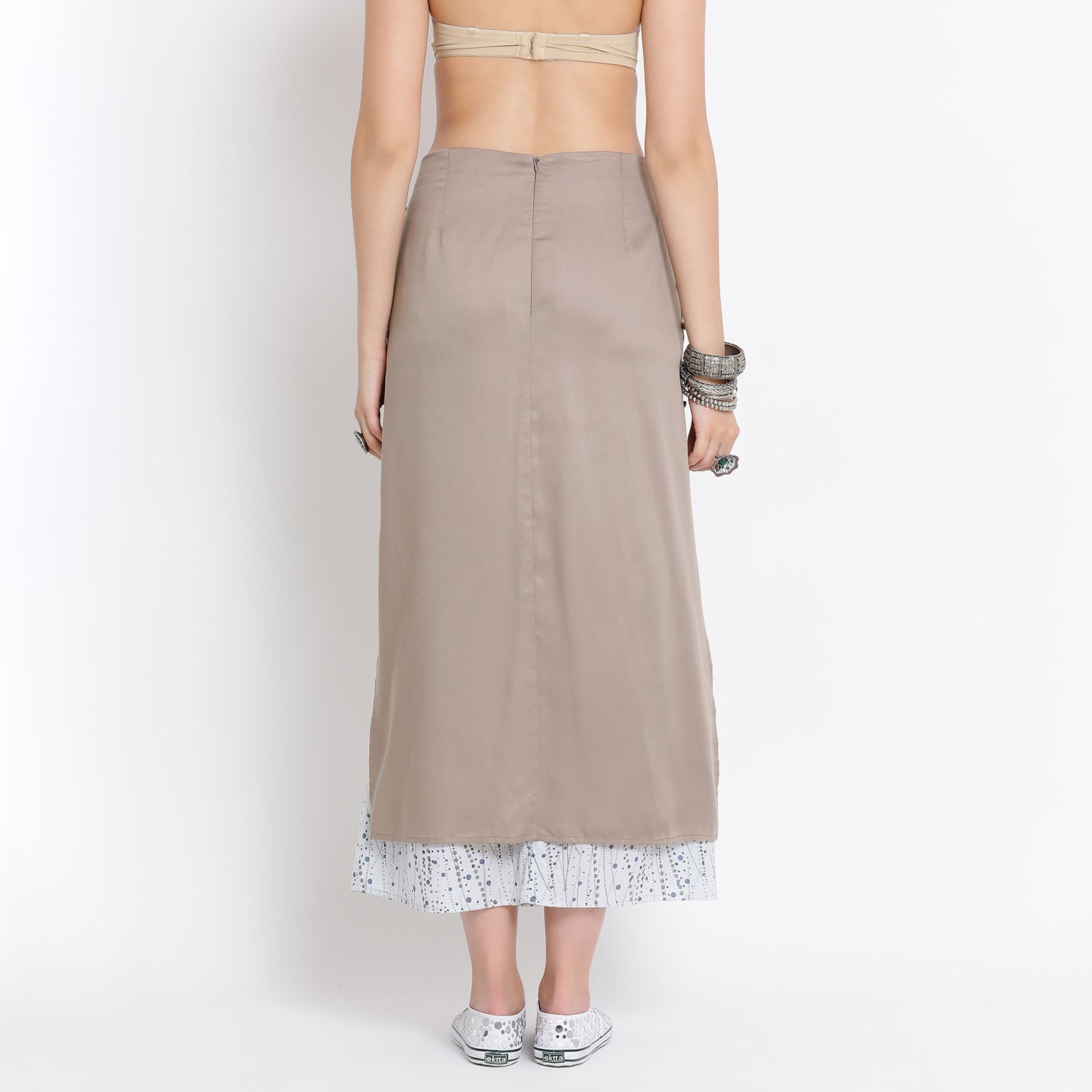 Grey printed viscose double layer long skirt