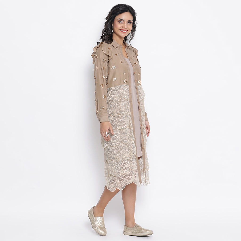 Beige lace tunic with gold sequence embroidery