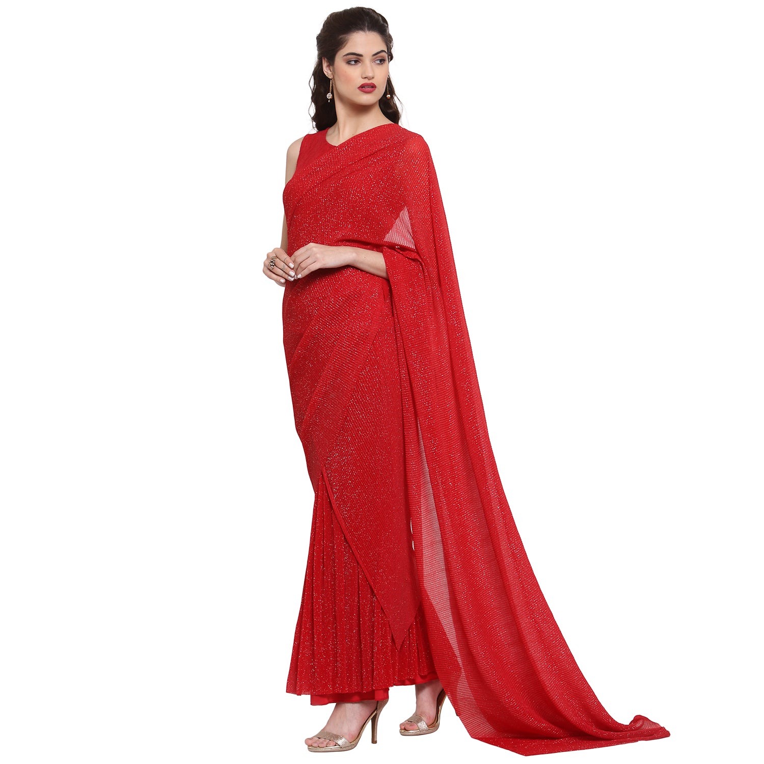 Red Drape Saree With Net And Plisse Fabric